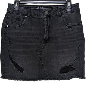 Distressed black acid wash denim mini skirt in size 10
